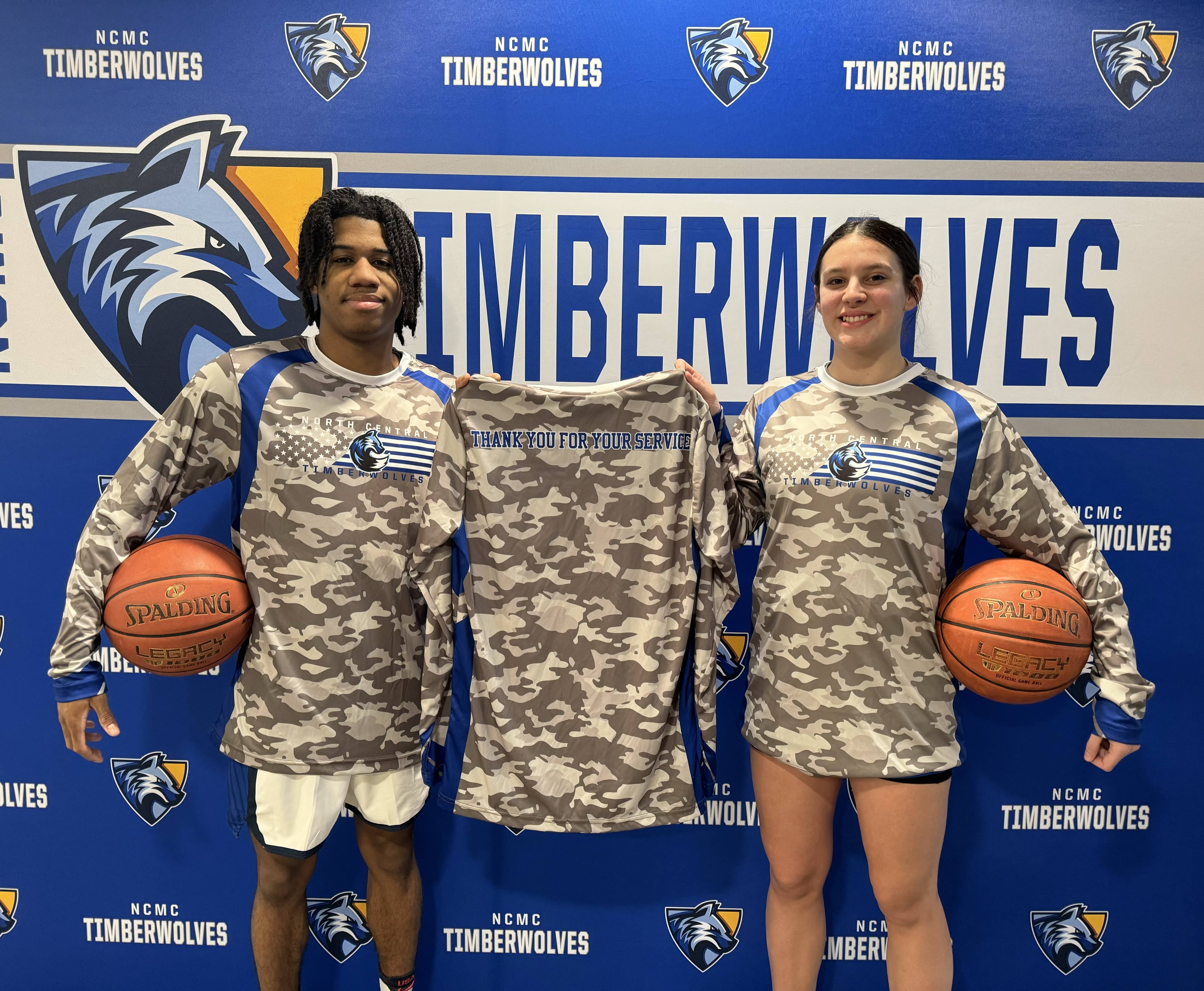 NCMC men's and women's basketball players posing with camouflage warmups