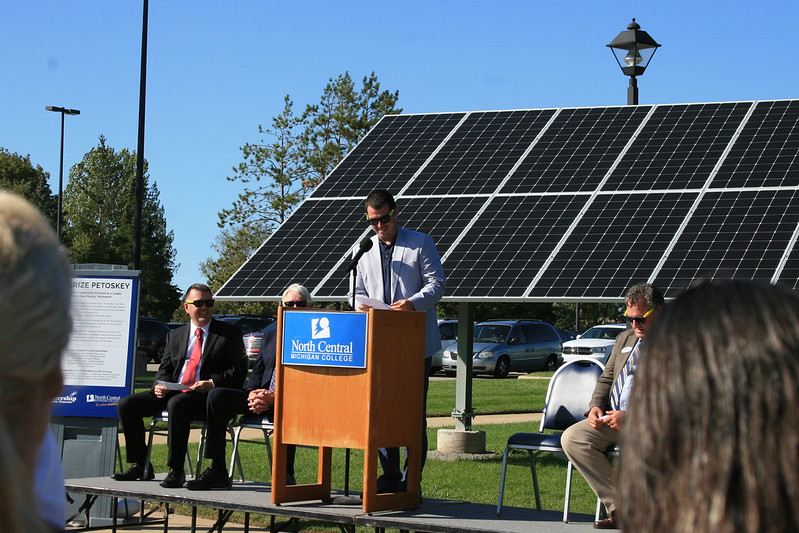 Solar panel ribbon cutting event on campus