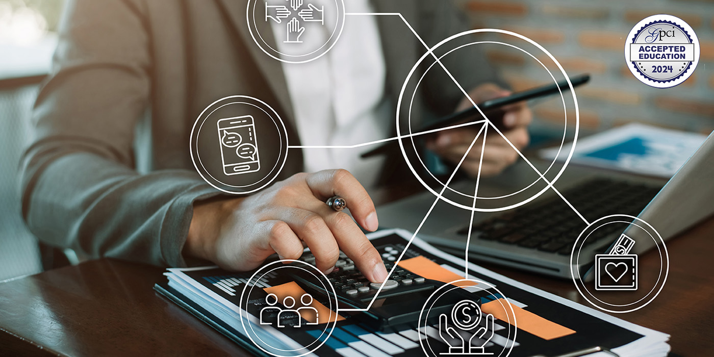 Concept photo of a womans hand on a report, with nonprofit design overlays