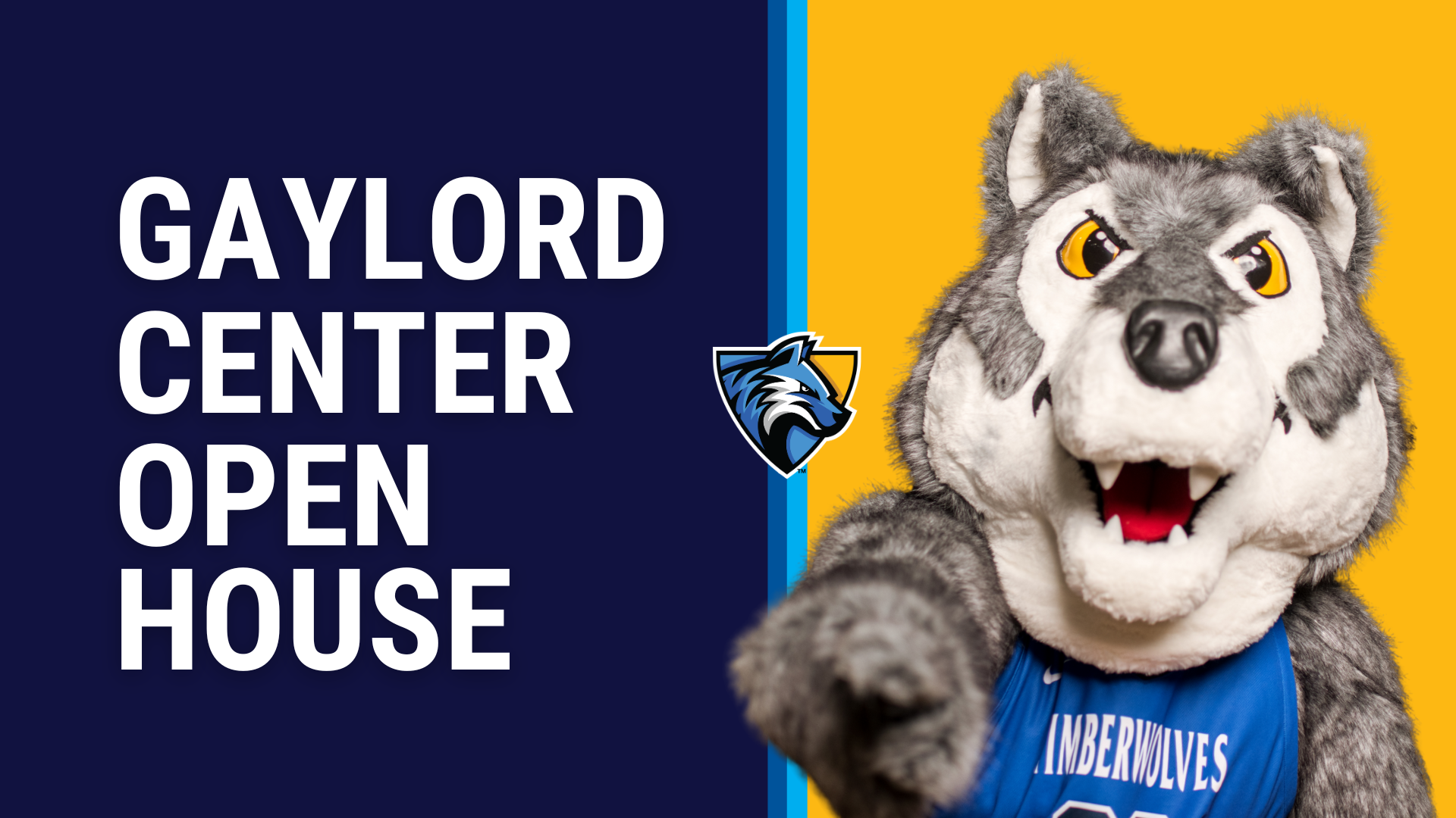 North Central Michigan College’s Timberwolf mascot points toward the camera beside bold text that reads “Gaylord Center Open House” on a navy and gold background